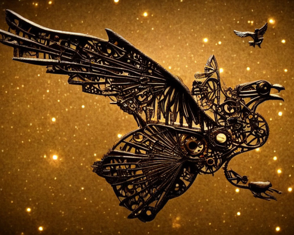 Steampunk-style mechanical bird with metal feathers flying on golden background