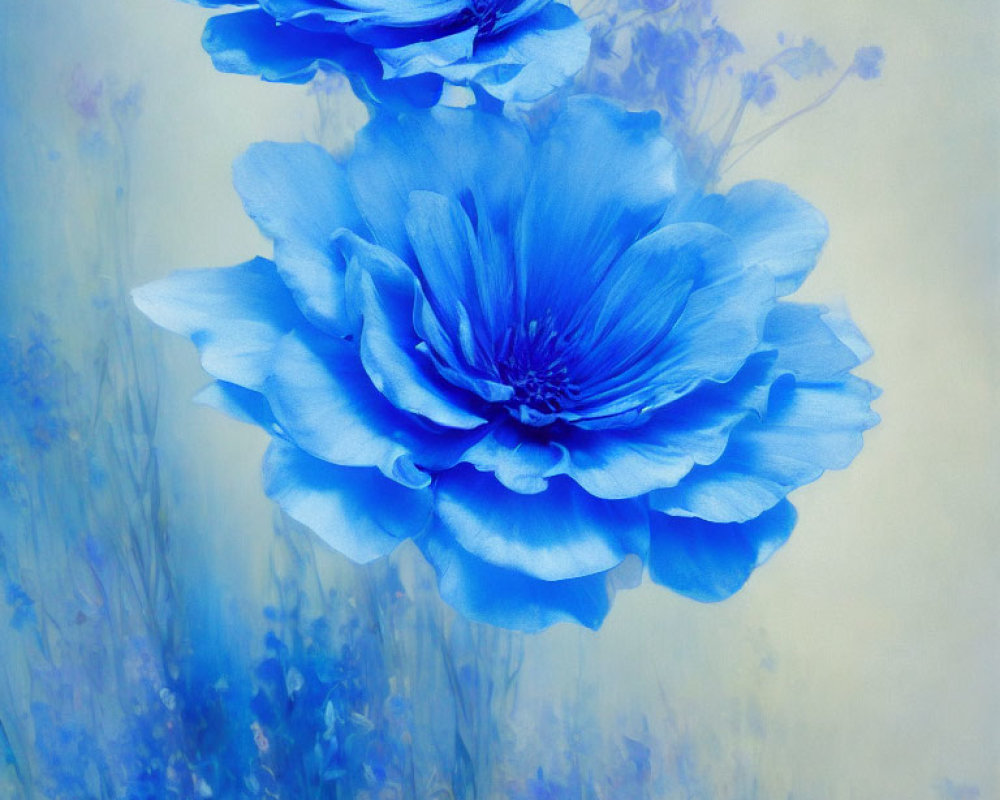 Vibrant blue flowers with delicate petals in soft-focus blue-toned backdrop