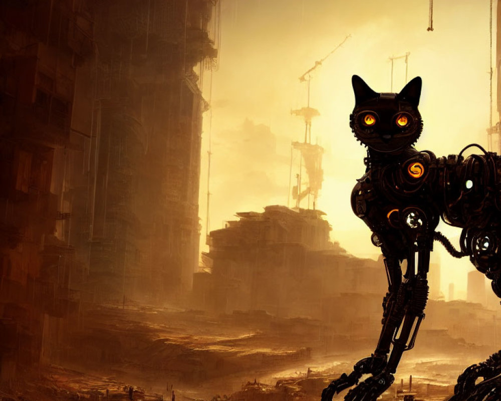 Glowing-eyed mechanical cat in dystopian cityscape with towering structures