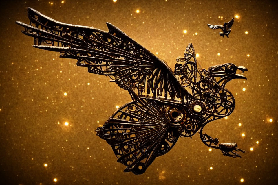 Steampunk-style mechanical bird with metal feathers flying on golden background