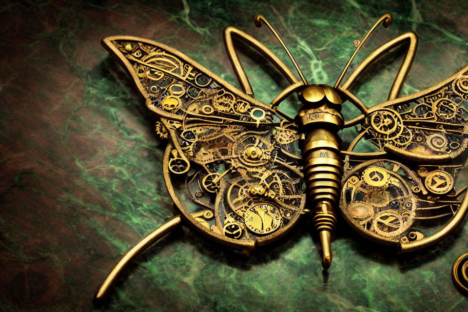Steampunk mechanical butterfly with gear wings on green marble.