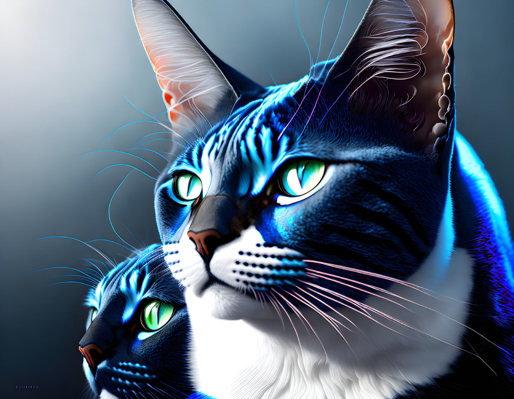 Vividly colored digital cats with blue and green eyes on shaded backdrop