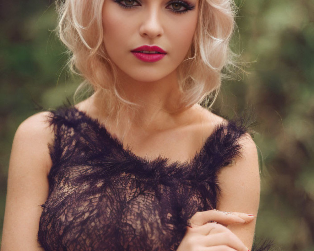 Platinum blonde woman in feathered black dress outdoors