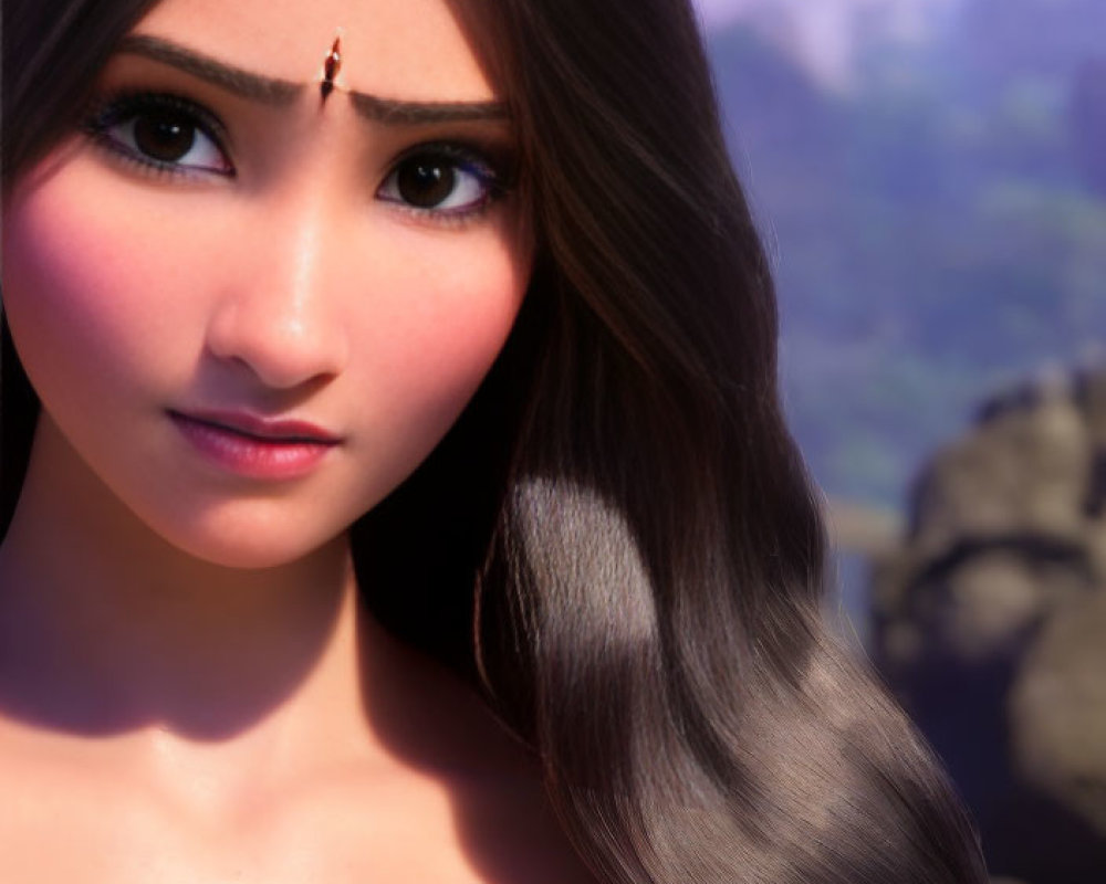 Animated character with long black hair, brown eyes, red dress, gold bindi, in nature setting