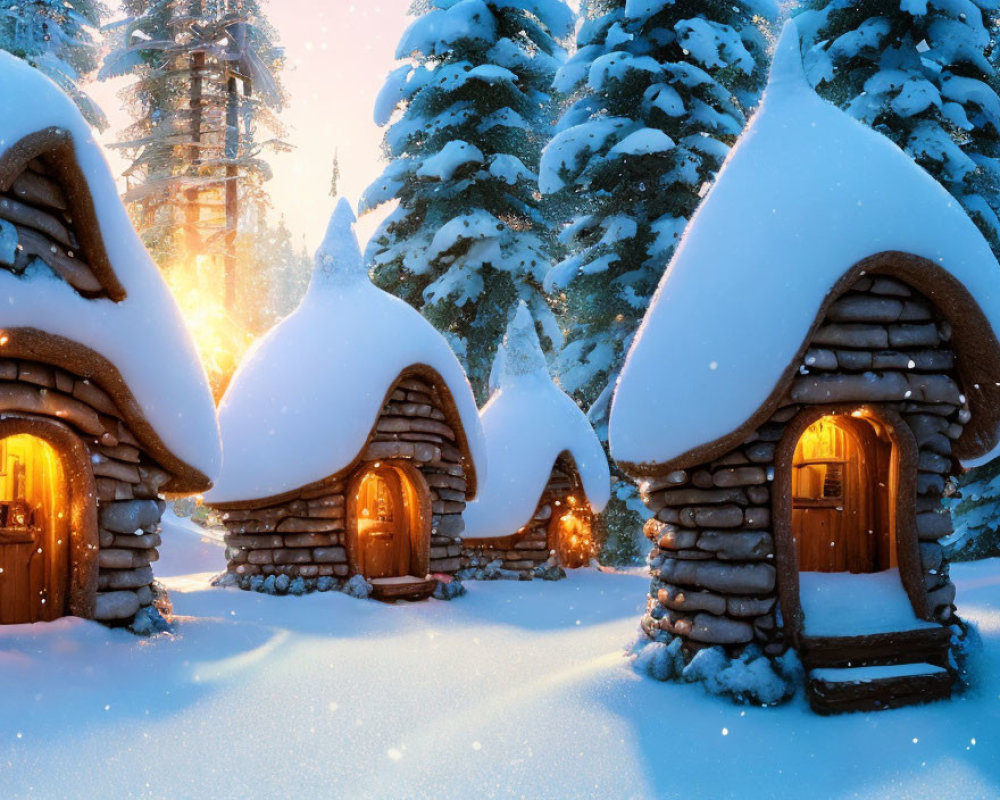 Winter forest twilight scene: snow-covered log cabins with glowing windows.