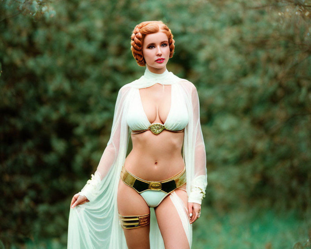 Fantasy-inspired costume with gold accents against lush greenery