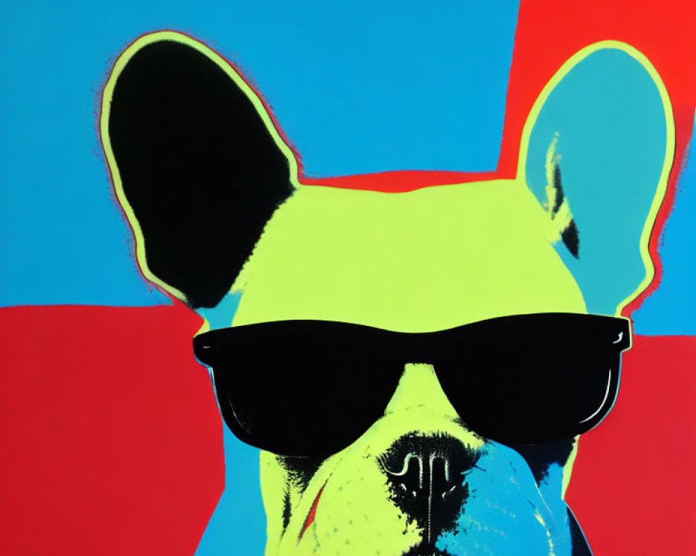 Stylized pop art French Bulldog with neon colors on blue and red background