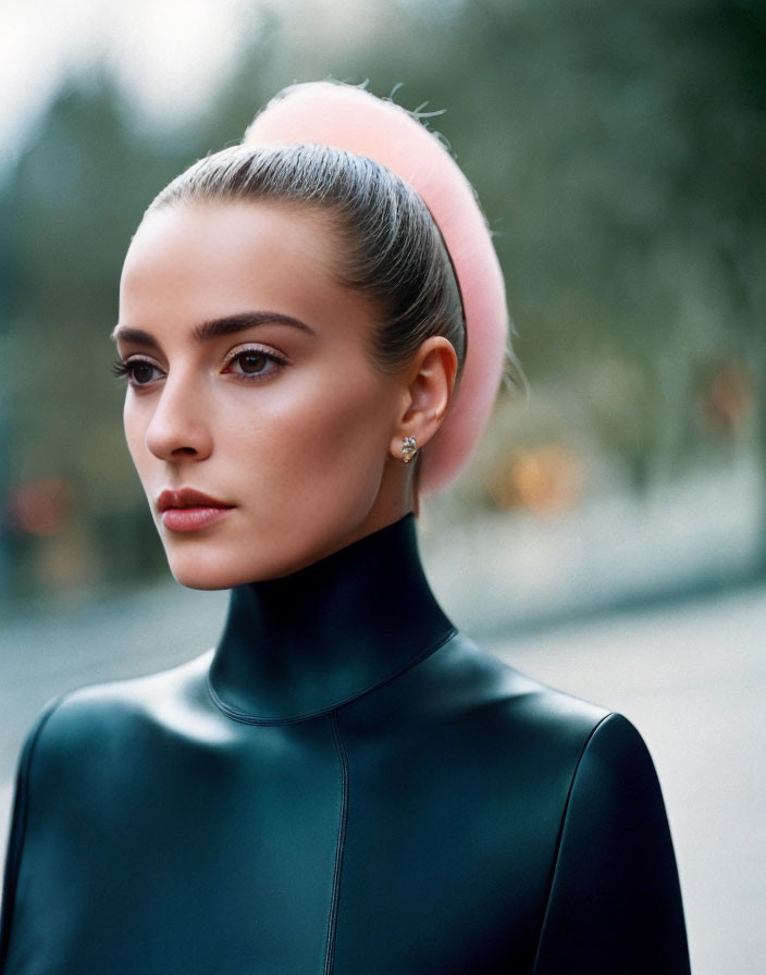 Sleek ponytail woman in black turtleneck with pink headband gazes serenely