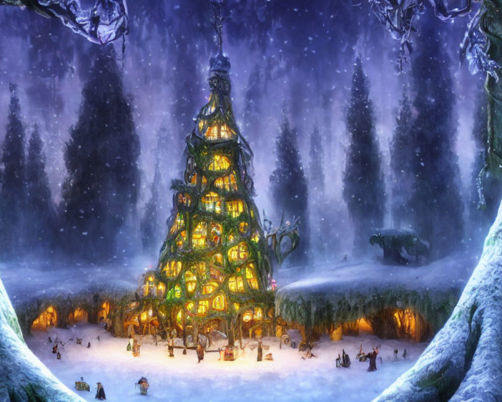 Winter forest Christmas tree scene with illuminated windows and people.