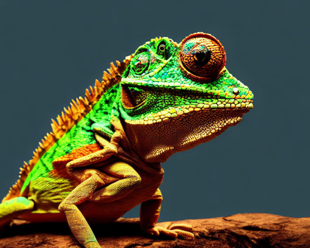 Vibrant Chameleon with Green Body and Orange Spine on Rock