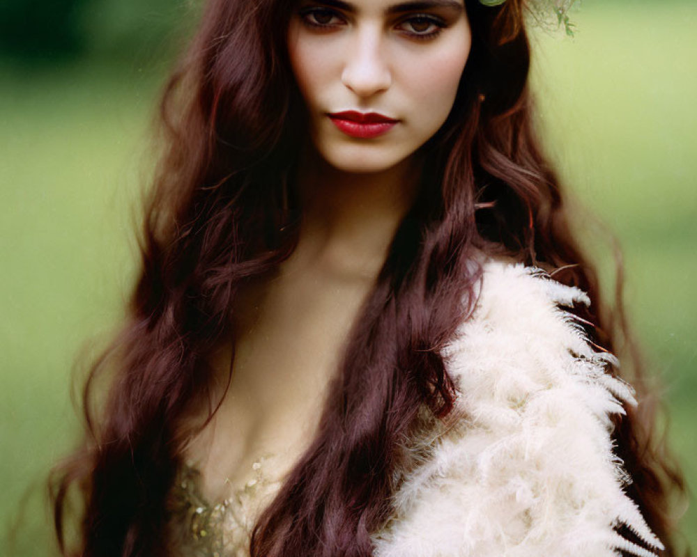 Woman with Long Brown Hair and Floral Headpiece in Earthy-Toned Dress in Green Meadow