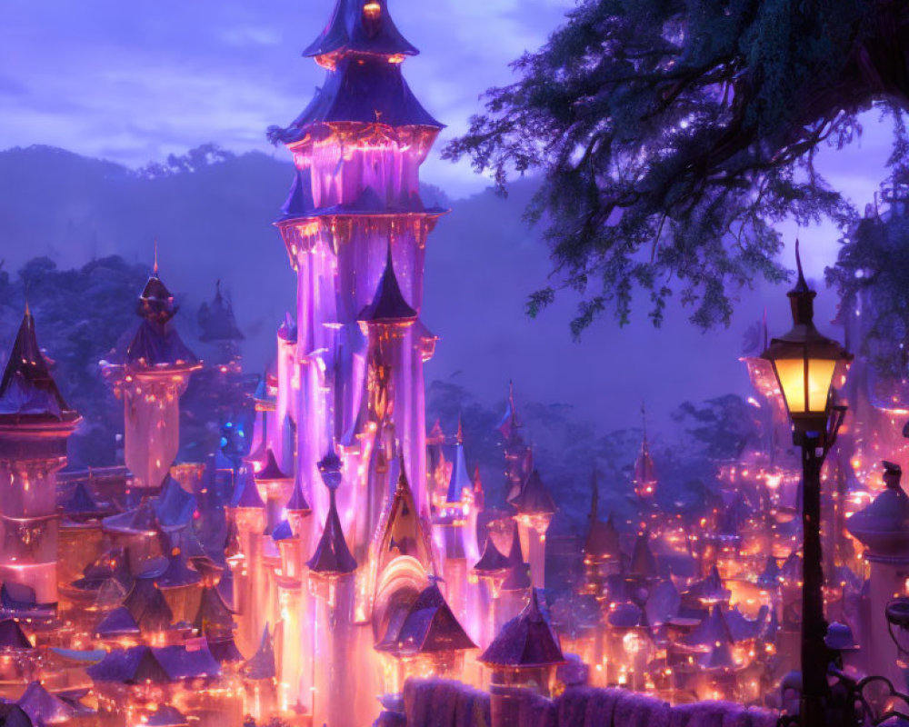 Fantasy city twilight scene with glowing lights and towering spire