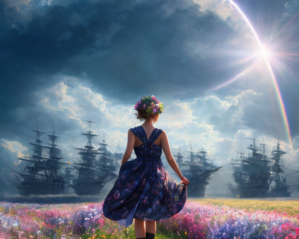 Woman in floral dress in meadow with ships and rainbow under dramatic sky