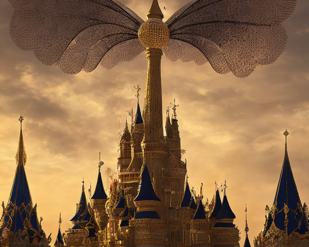 Golden castle with spires under dragonfly wing in cloudy sky