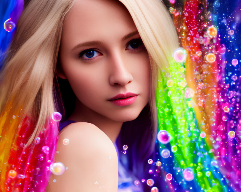 Blonde Woman with Blue Eyes on Colorful Nebula Background