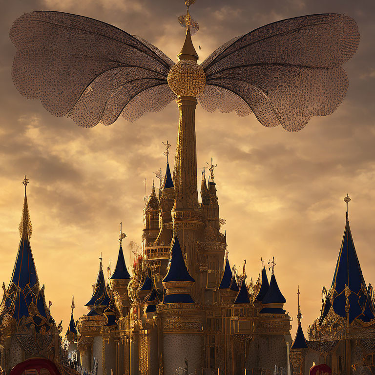 Golden castle with spires under dragonfly wing in cloudy sky