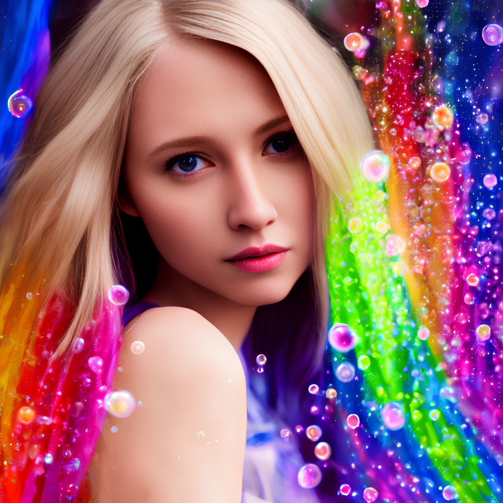 Blonde Woman with Blue Eyes on Colorful Nebula Background