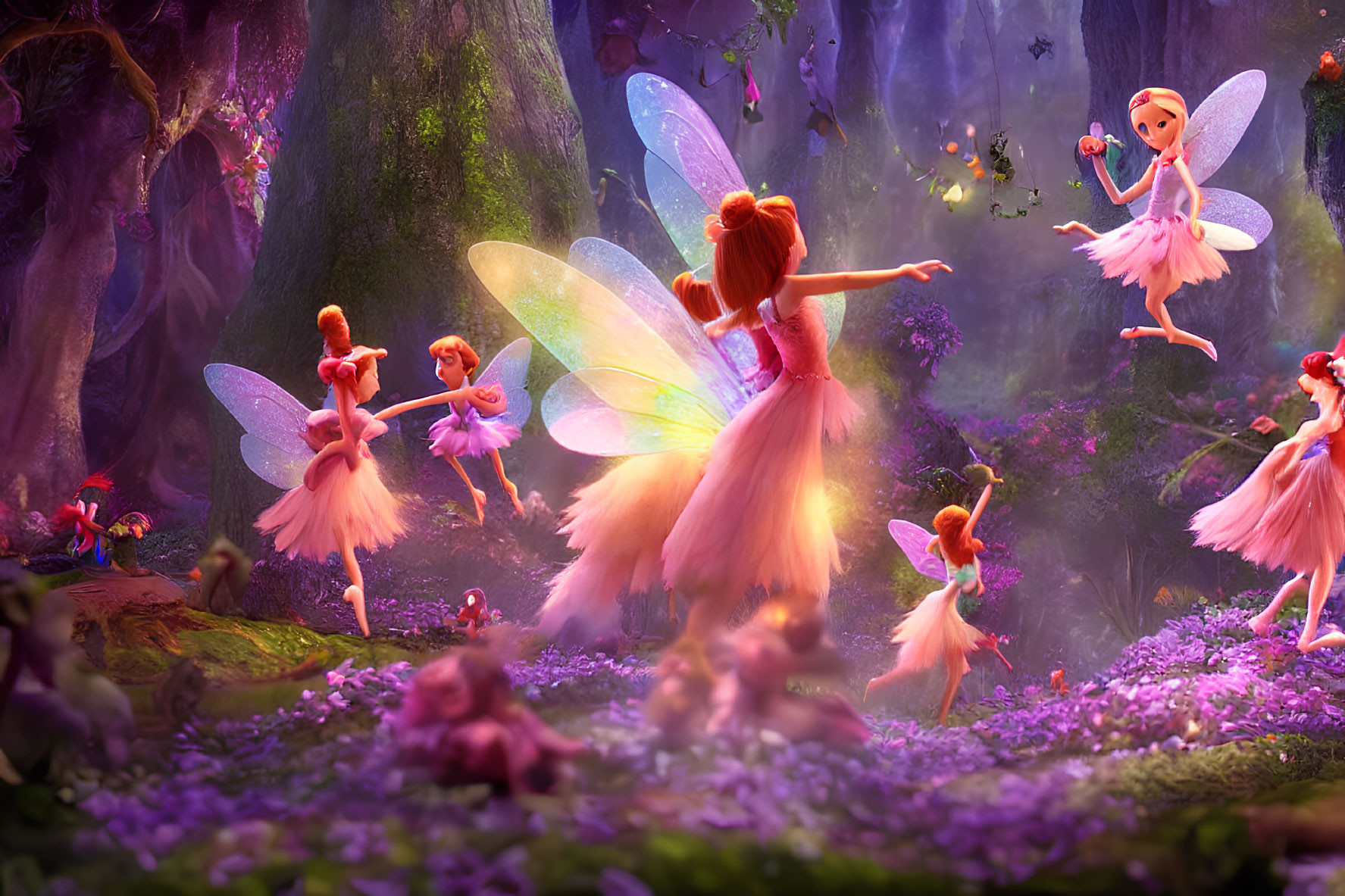 Iridescent-winged fairies in vibrant enchanted forest playing with tiny creatures