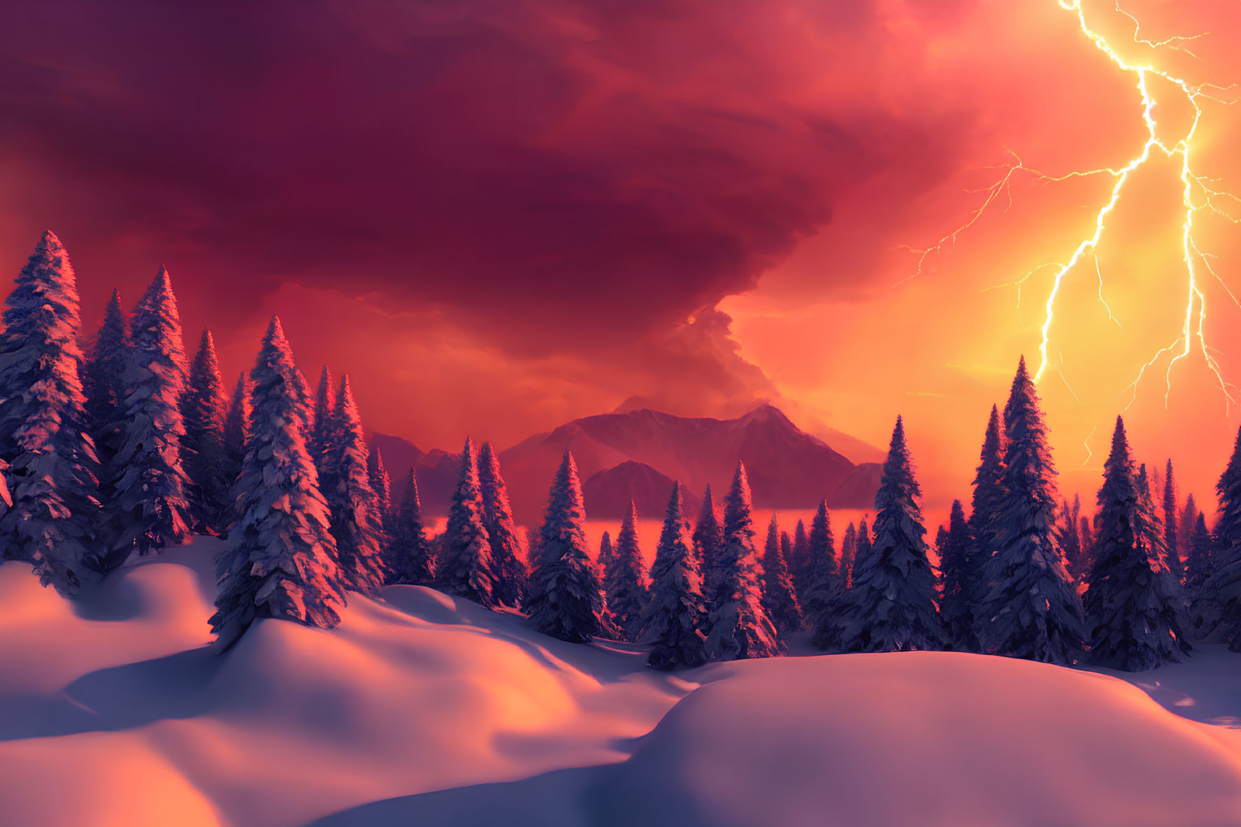Snow-covered pine trees under red sky with lightning bolt illuminating mountains