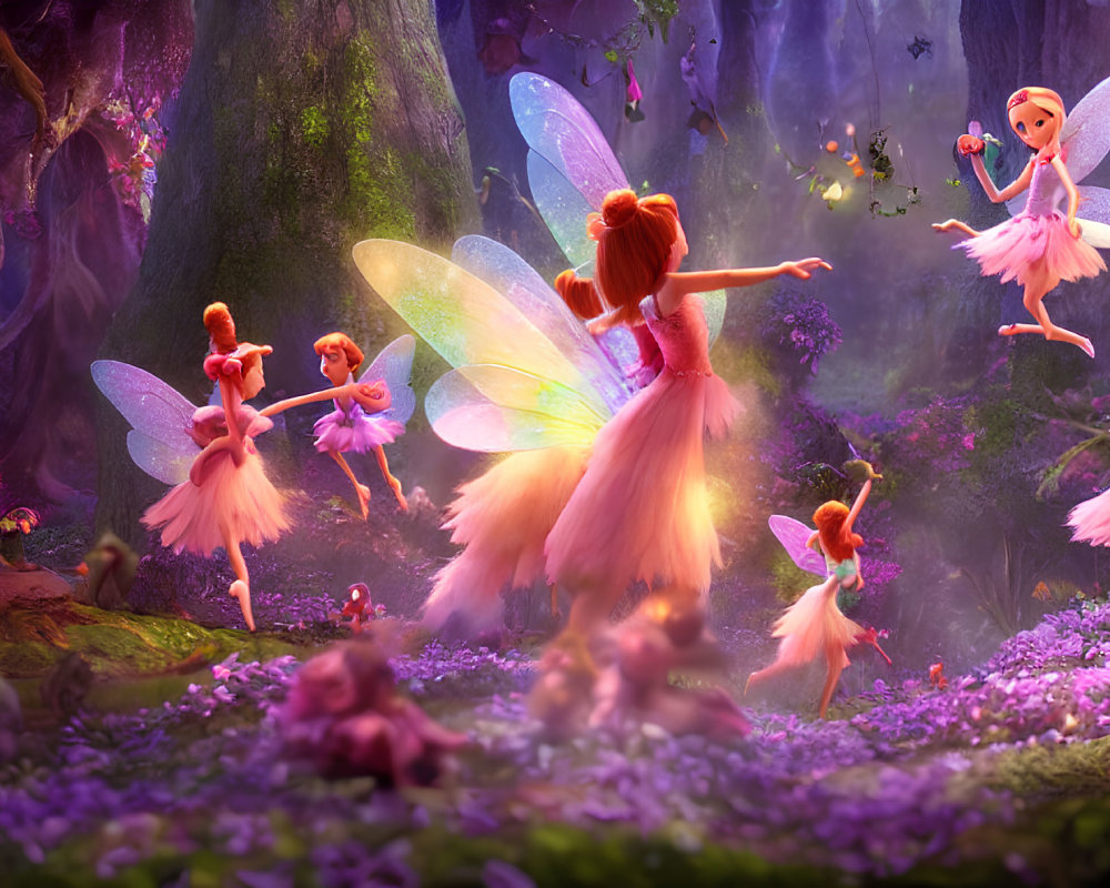 Iridescent-winged fairies in vibrant enchanted forest playing with tiny creatures