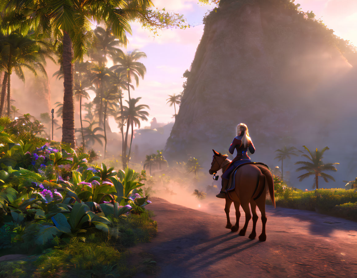 Woman on Horse Viewing Tropical Sunset Landscape