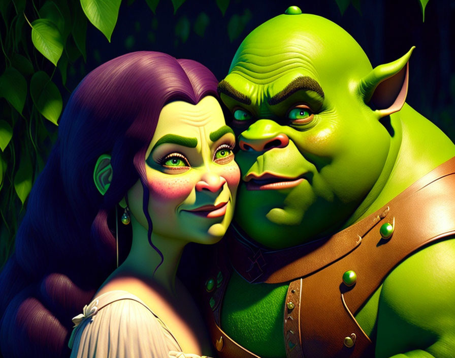 Green-skinned ogre characters smiling in dark foliage.