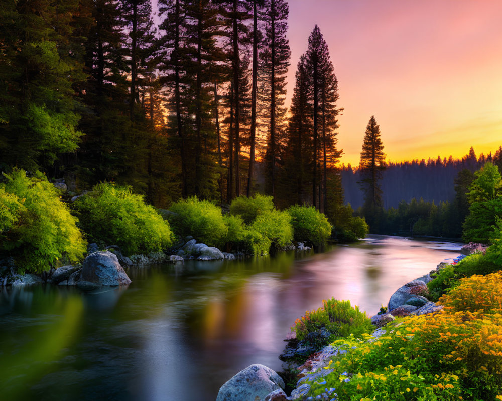 Tranquil river in forest at vibrant sunset