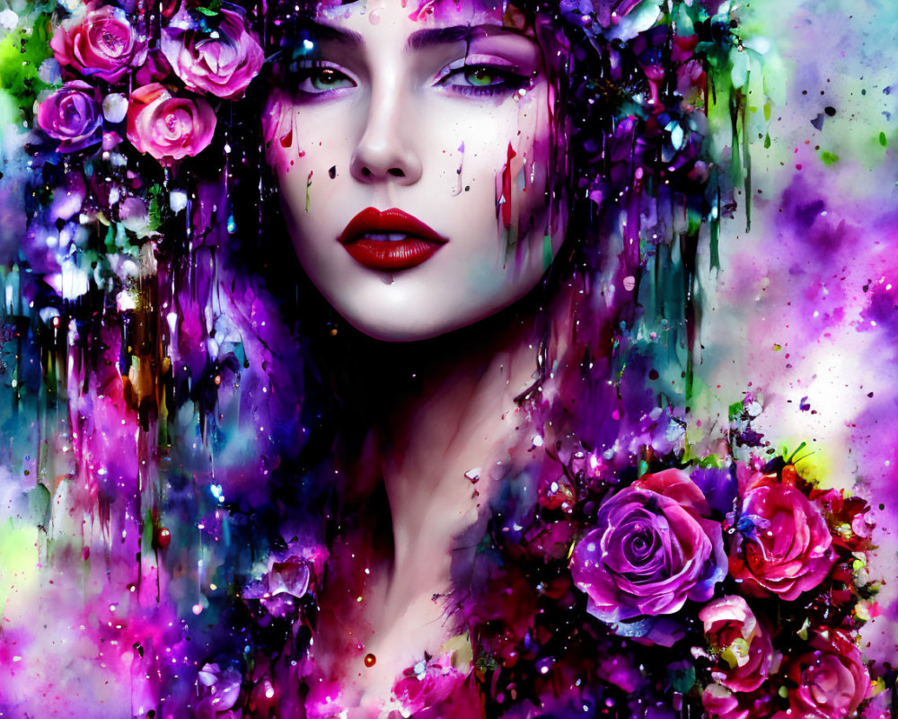 Colorful digital artwork: Woman's face with red lips, flowers, splattered paint
