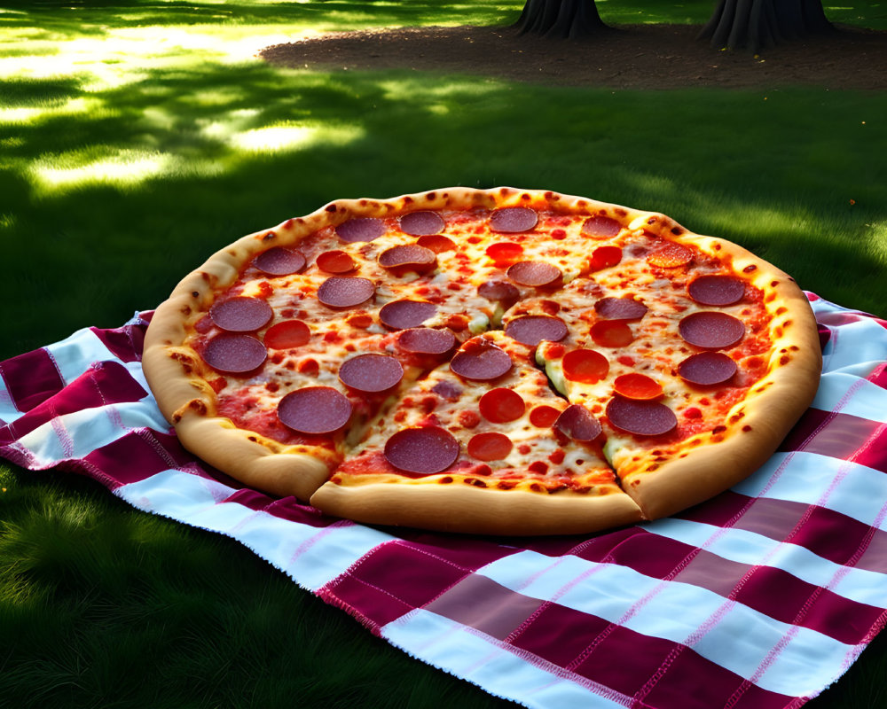Pepperoni pizza on checkered picnic blanket with green grass and tree shadows