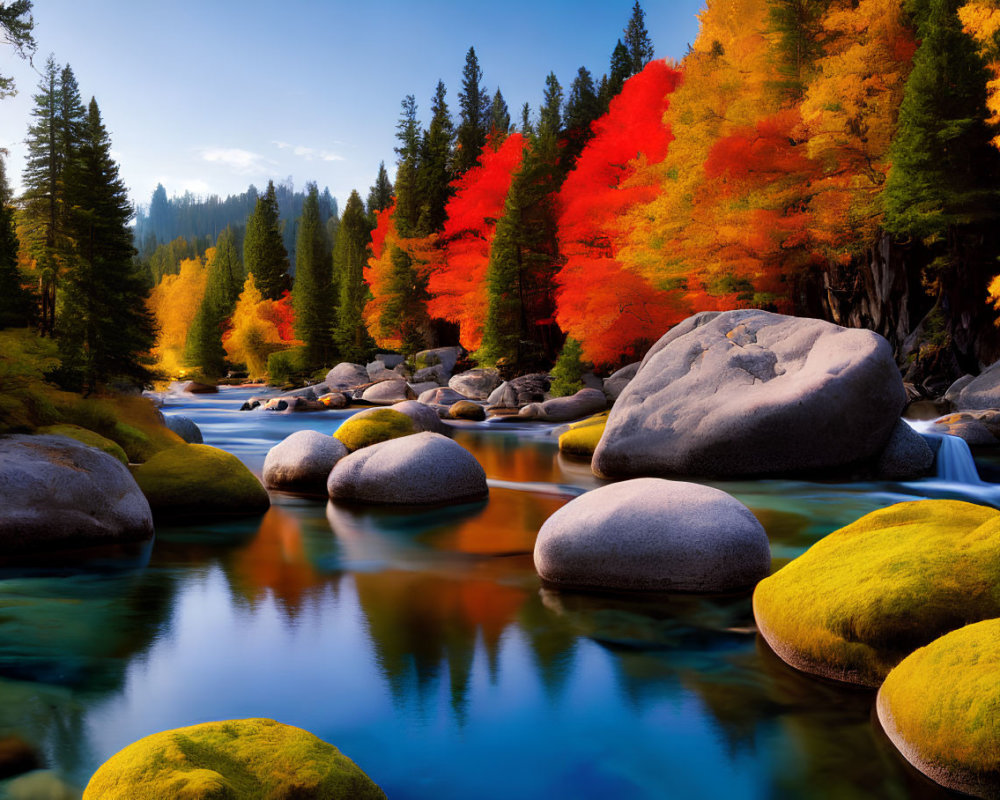 Vibrant red and yellow autumnal forest reflected in calm river