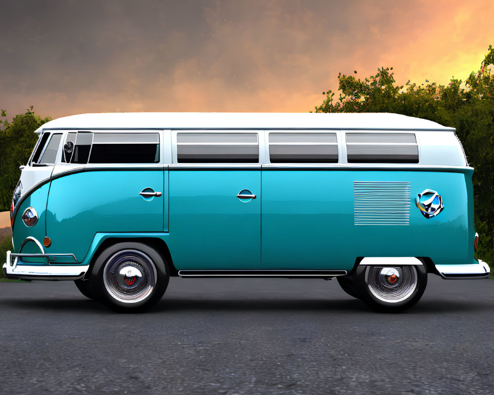 Vintage turquoise and white Volkswagen van against sunset sky
