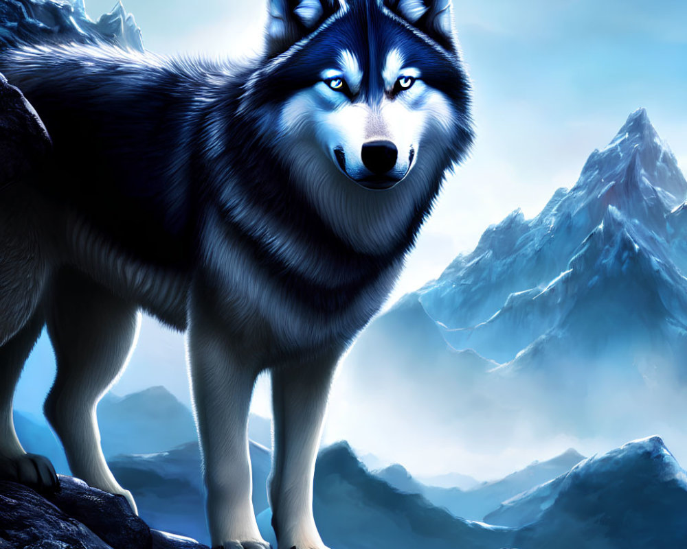 Majestic animated wolf with blue eyes in mountain scenery