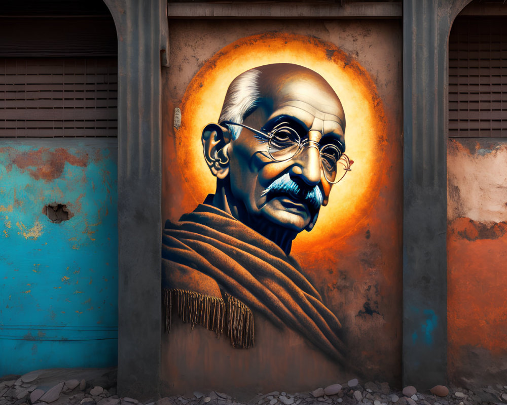 Colorful mural of Mahatma Gandhi on wall with warm tones and pillars framing.