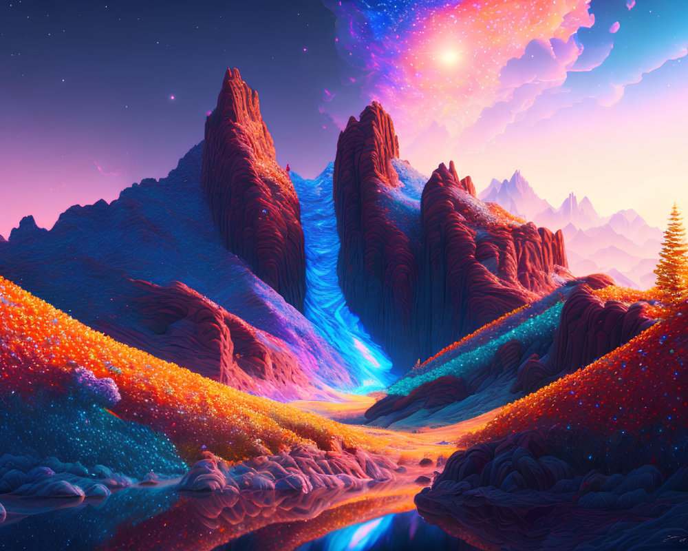 Colorful Surreal Landscape with Flora, Rocks, River, and Starry Sky