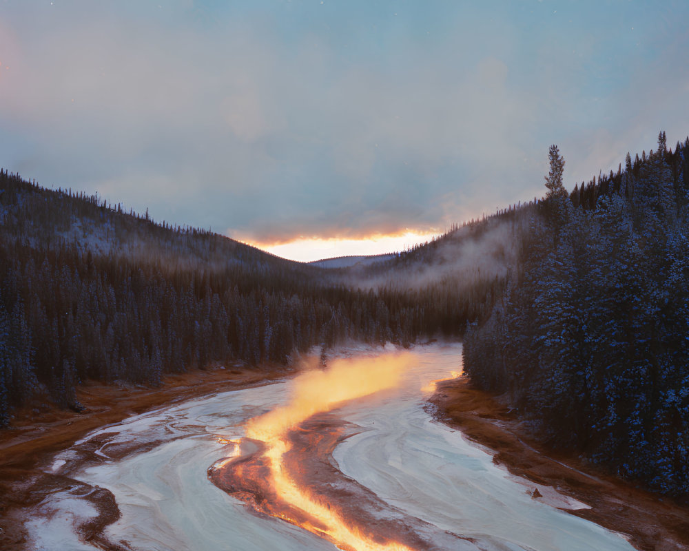 Snow-covered landscape at twilight with river reflecting warm sky glow and mist rising from hills.