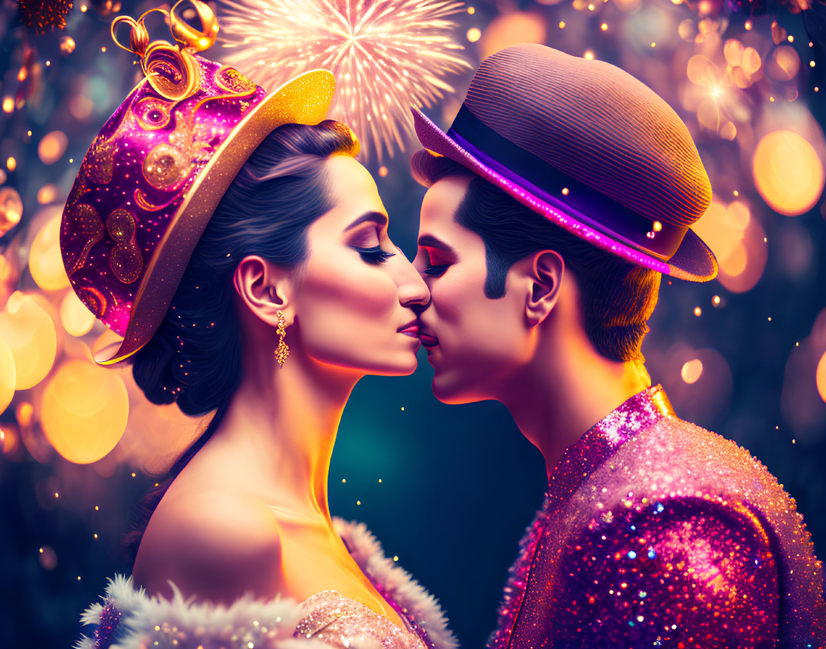 Festive couple in sparkly attire kissing under fireworks
