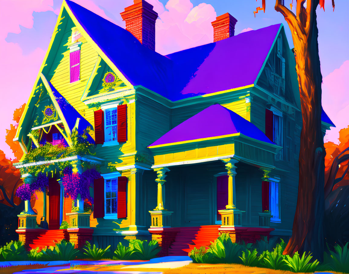 Colorful Victorian House Illustration with Sunset Sky & Hanging Flowers