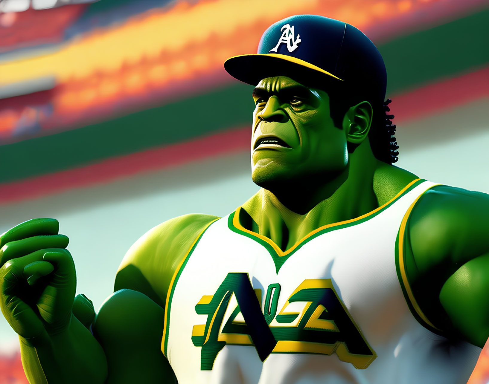 Stylized Hulk in green and yellow baseball outfit on vibrant background