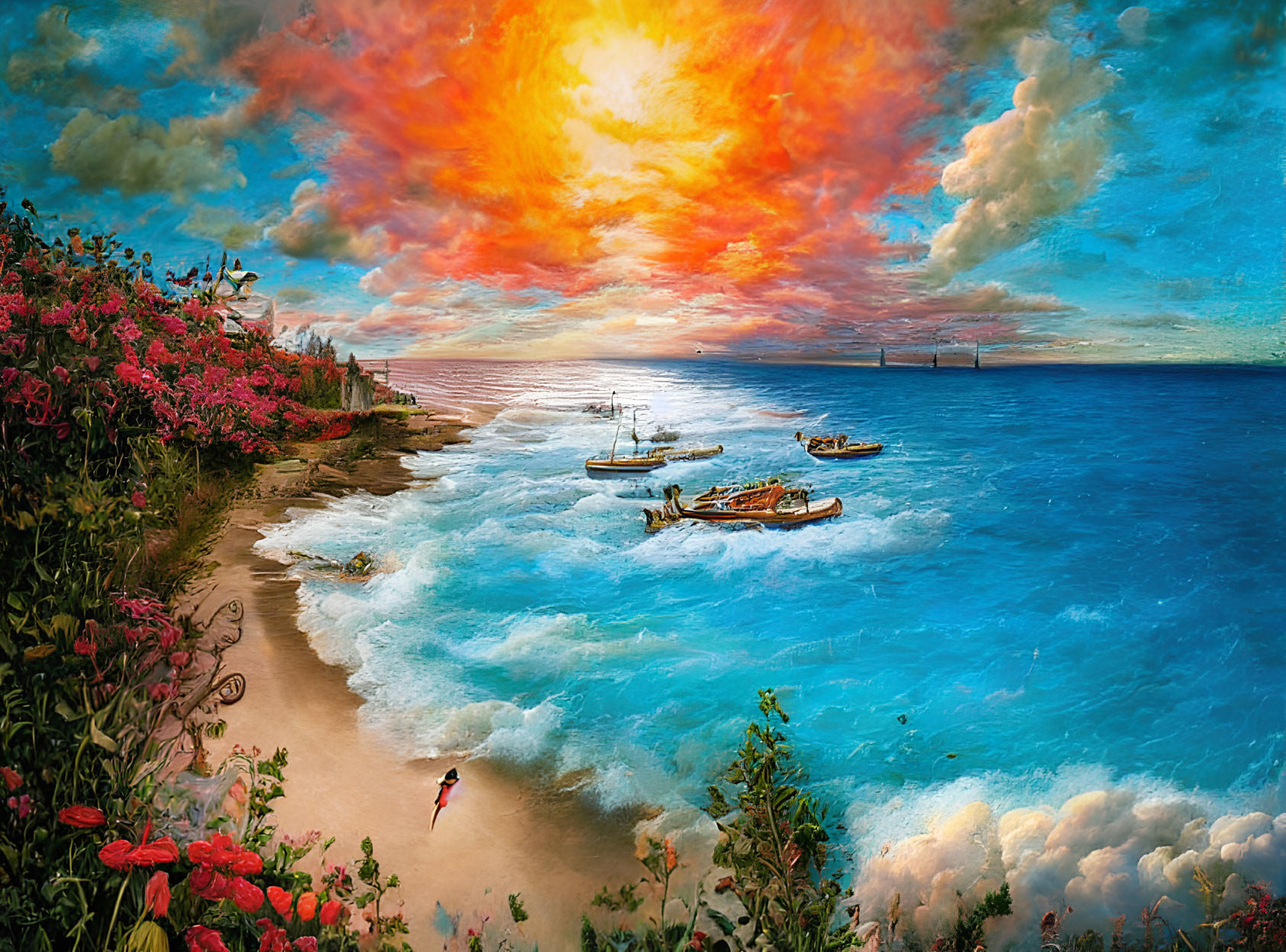 Colorful Beach Sunset with Walking Figure, Boats, Clouds, and Floral Foliage