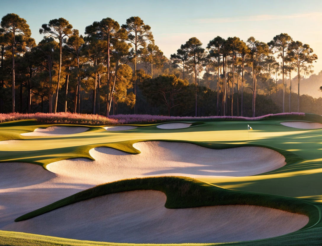 Tranquil golf course at sunset with manicured greens, sand bunkers, and pine trees