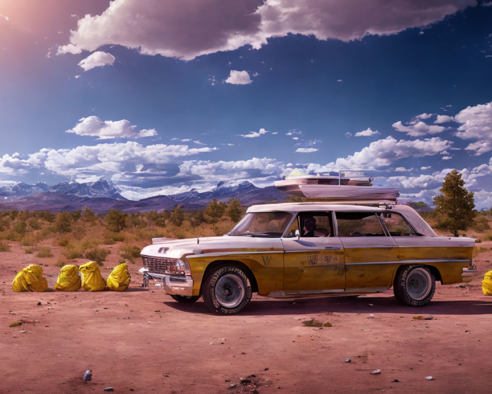 Vintage Yellow Car with Surfboard in Desert Landscape with Mountains and Yellow Bags