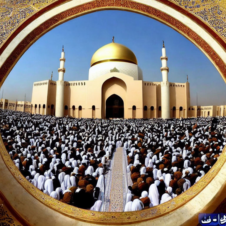 Crowded gathering in white attire facing mosque with golden dome and twin minarets