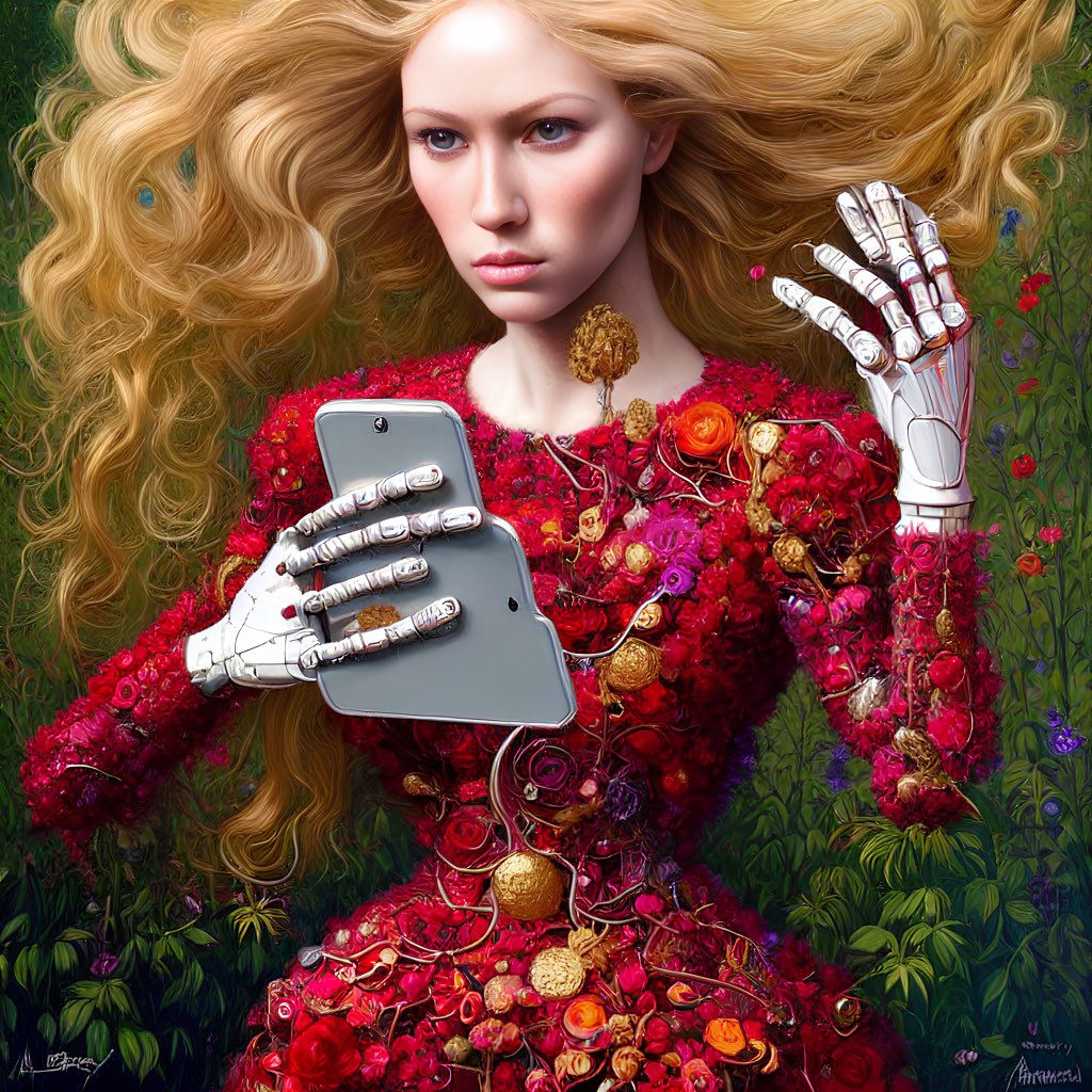 Blond woman with robotic hand in red floral dress holding smartphone