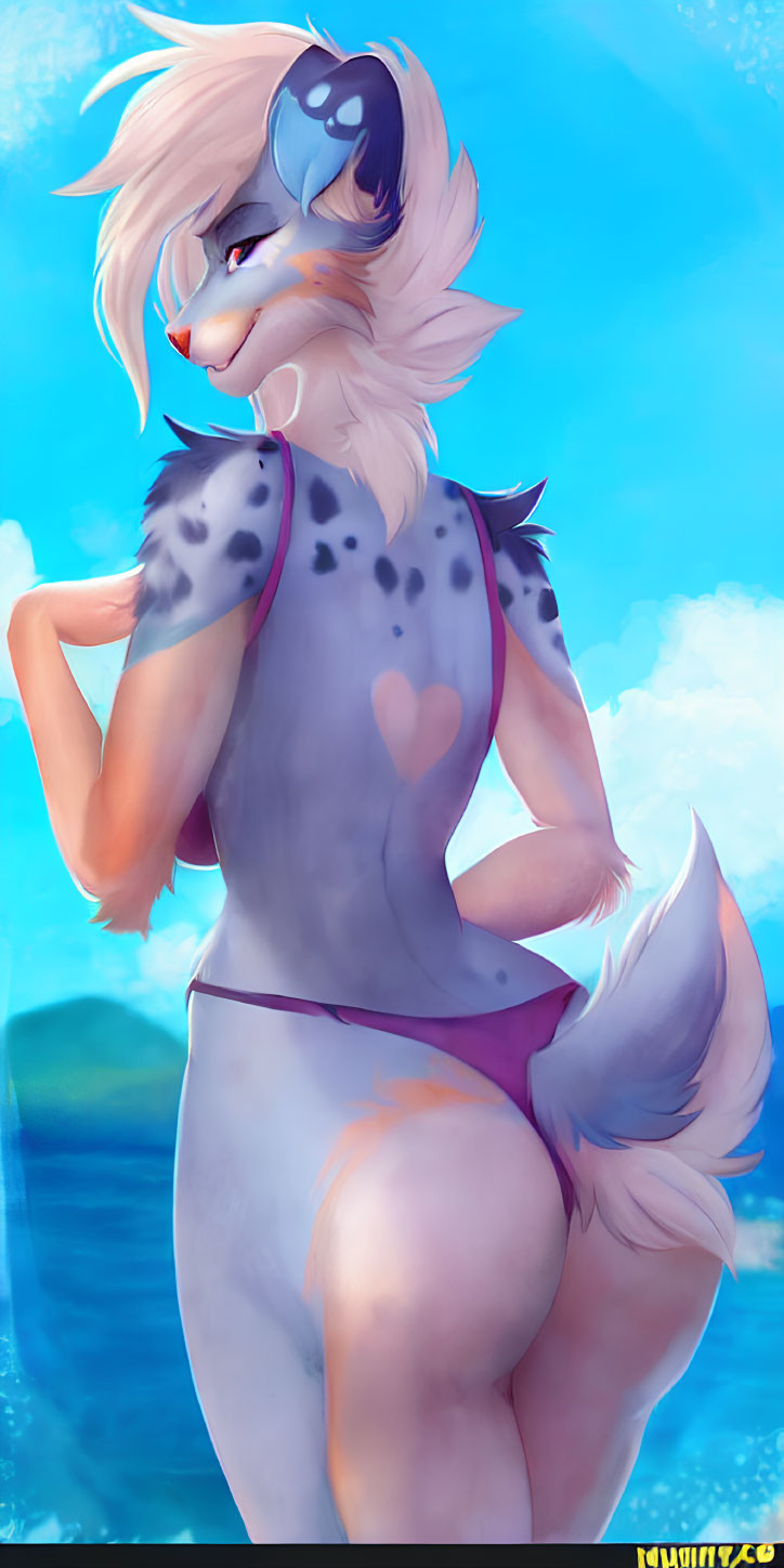 Anthropomorphic female character in fox-like swimwear against blue water background