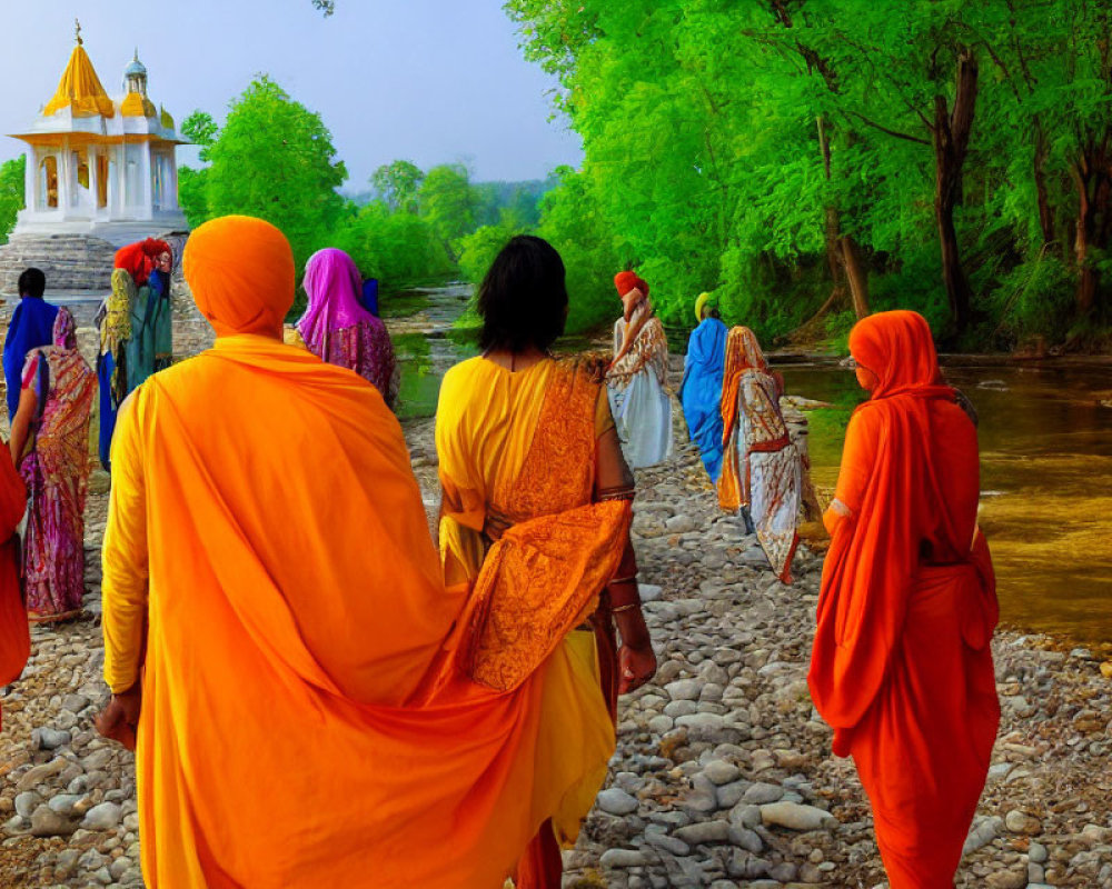 Colorfully Dressed People Walking to White Temple Amid Lush Greenery