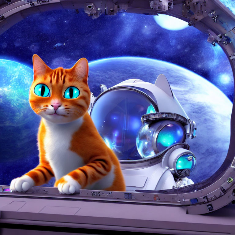 Orange Cat with Blue Eyes Observes Earth from Spacecraft Window
