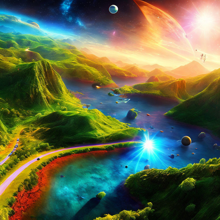 Colorful fantasy landscape with green hills, winding road, radiant lake, planets, and celestial body.