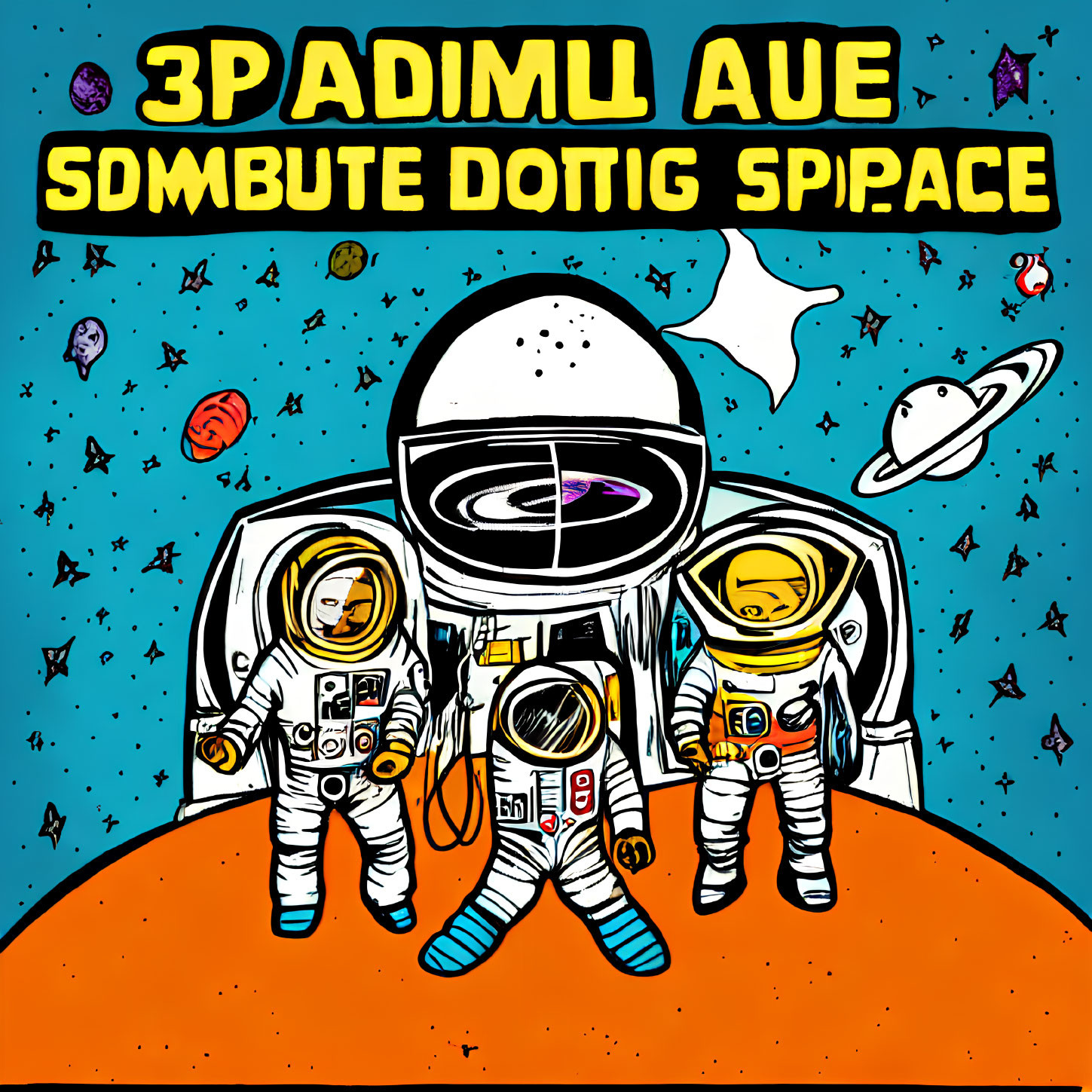 Astronauts on orange planet with large alien and space backdrop