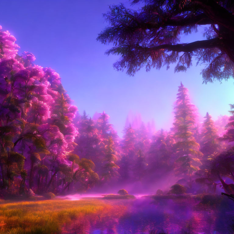 Enchanting purple forest with serene river and surreal light