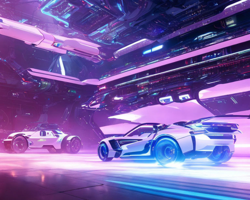 Futuristic cars with neon lights in high-tech, cyberpunk garage